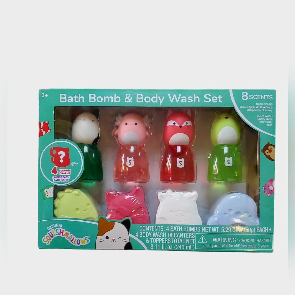 Original Squishmallows Bath Bomb & Body Wash 8 Piece Set 4 Charms NIB